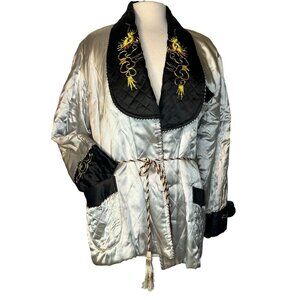 Vintage 1950 Satin Quilted Dragon Robe Kimono Smoking Jacket With Embroidery - W